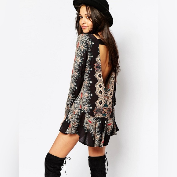 Free People Dresses & Skirts - Free People - Smooth Talker Black Fun Print Long Sleeve Open Back Dress Medium